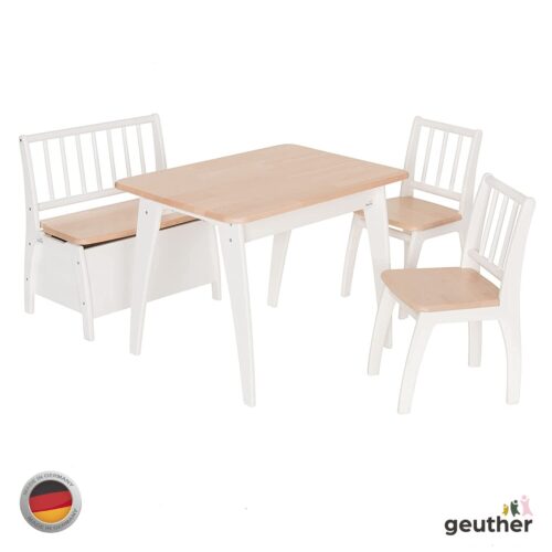 Ensemble Table 2 Chaises et Banc coffre BAMBINO Blanc Naturel