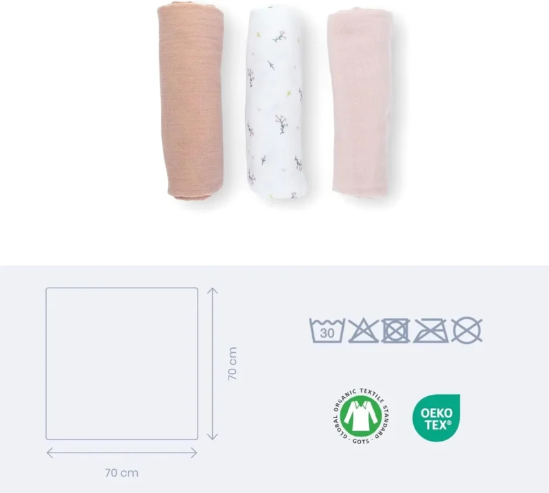 Domoo 34001001 4 Set De 3 Langes Muslin 70x70 Cm Flower Pink Lovely