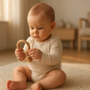 Un jeune bébé, assis sur un tapis, explore avec concentration un jouet en bois dans un intérieur lumineux et épuré.