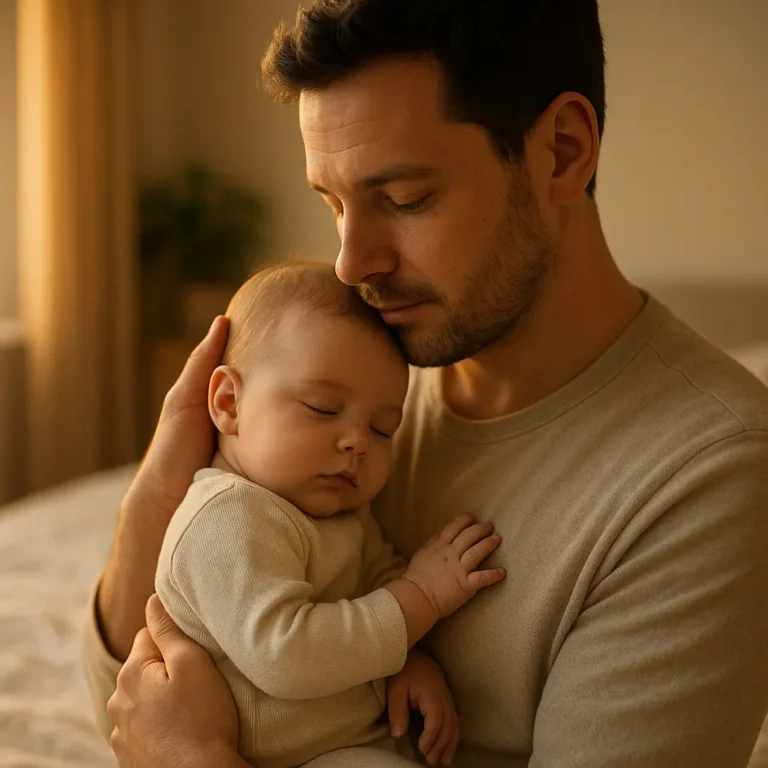 Un parent réconforte tendrement un bébé de quatre mois dans ses bras, dans une chambre baignée de lumière douce.