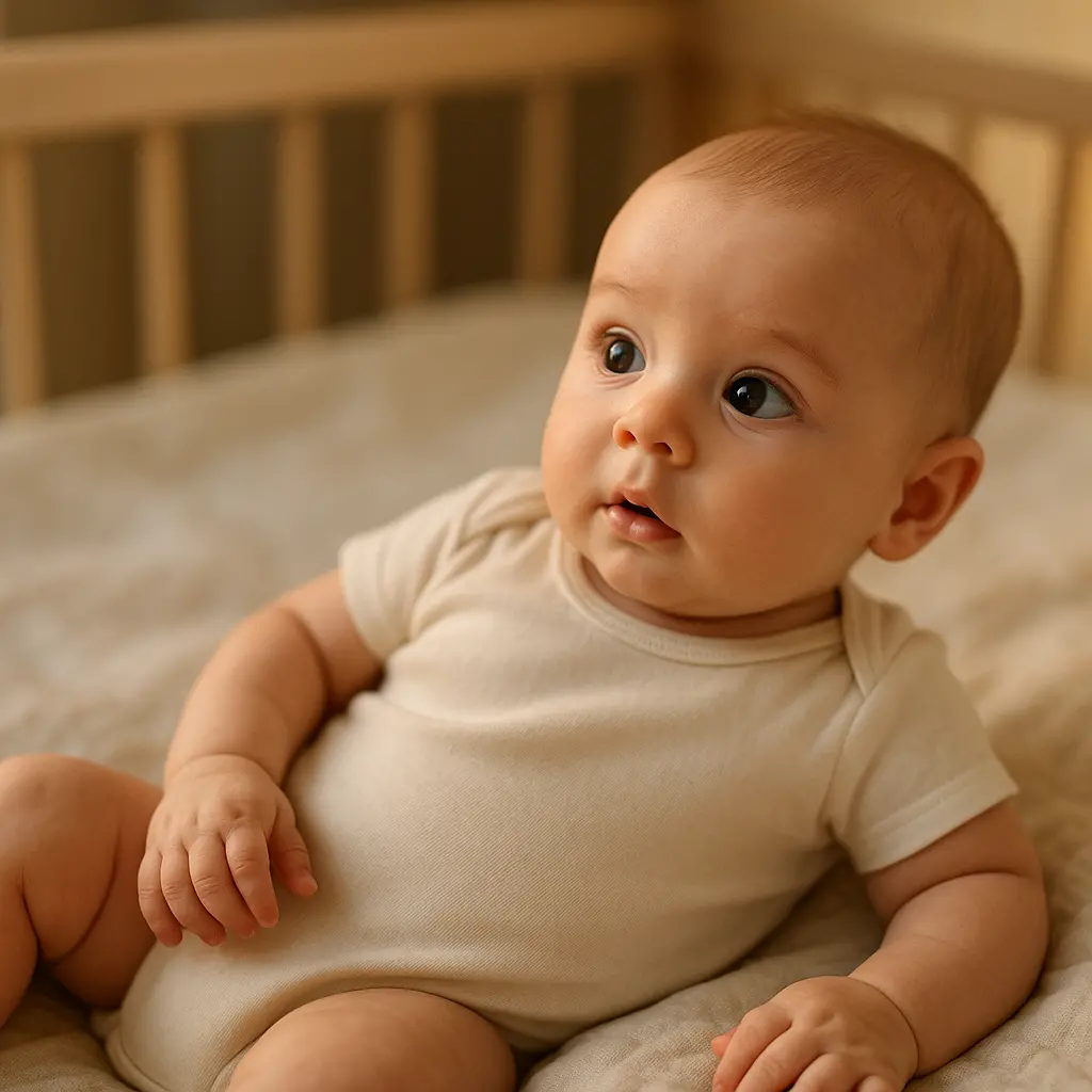 Bébé de 4 mois éveillé et curieux dans son lit, regardant autour de lui.