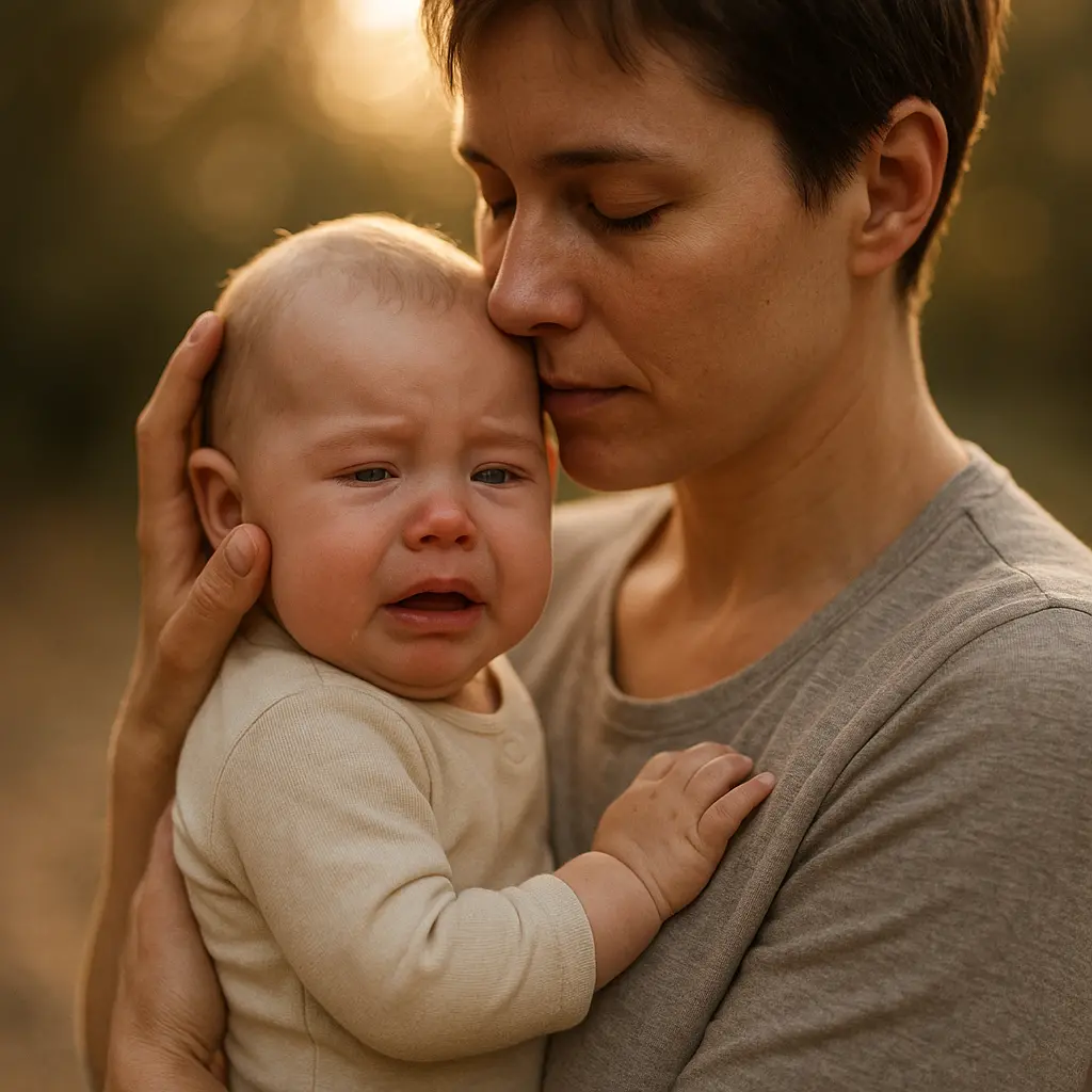 Parent tenant tendrement dans ses bras un bébé qui pleure, le visage apaisé.