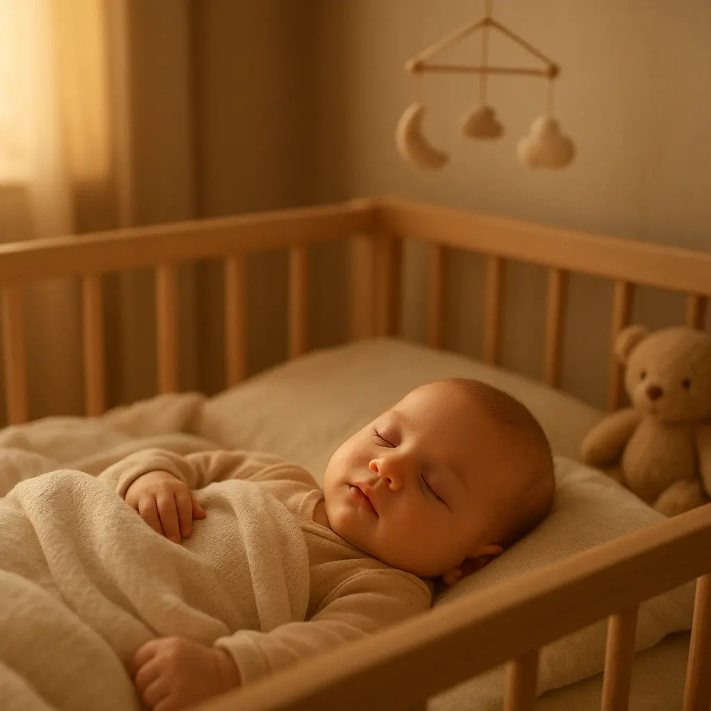 Bébé endormi paisiblement dans son berceau, dans une chambre calme et douillette.