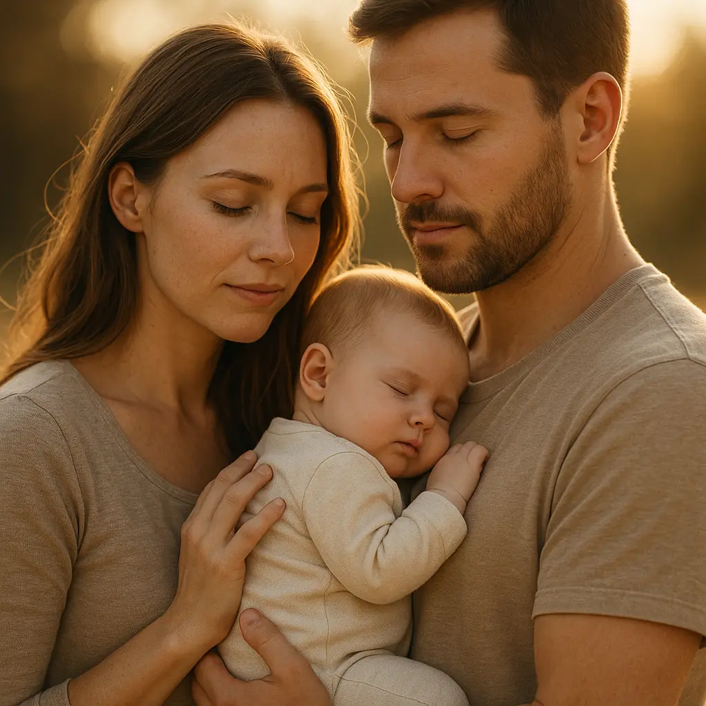 Couple de parents se soutenant mutuellement, l'un tenant le bébé, exprimant l'entraide.