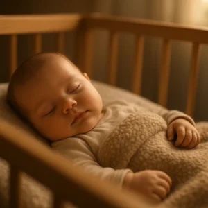 Un bébé dort paisiblement dans son berceau, baigné d'une lumière douce et chaude, dans une atmosphère calme et sereine.