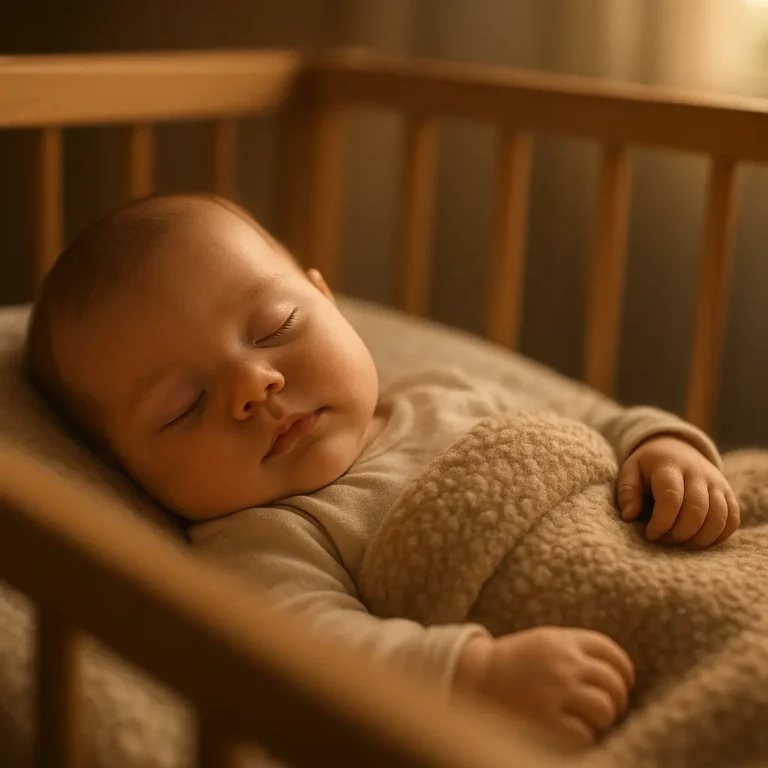 Un bébé dort paisiblement dans son berceau, baigné d'une lumière douce et chaude, dans une atmosphère calme et sereine.