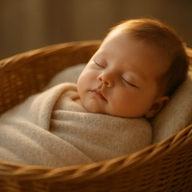 Un adorable bébé de deux mois dort profondément et sereinement dans son couffin, sous une lumière douce.