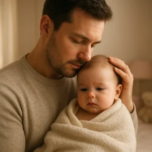 Un parent aimant tient tendrement dans ses bras son bébé légèrement enrhumé, dans une chambre douce et lumineuse.