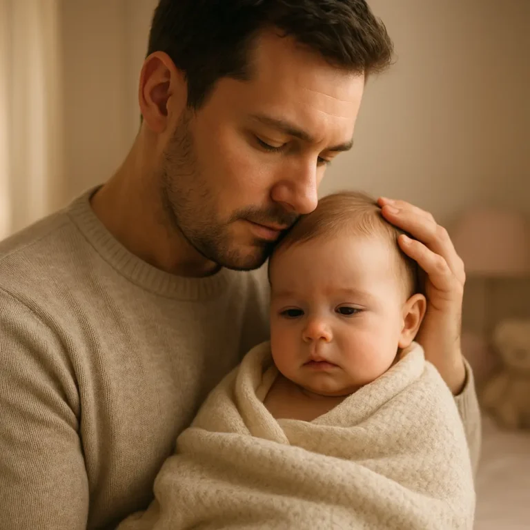 Un parent aimant tient tendrement dans ses bras son bébé légèrement enrhumé, dans une chambre douce et lumineuse.