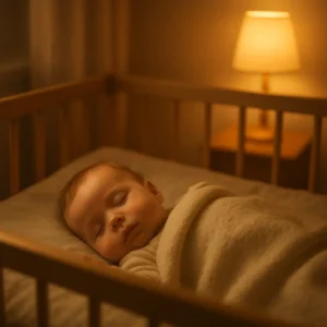 Un bébé dormant paisiblement dans son berceau la nuit, dans une chambre calme avec une lumière douce et rassurante.