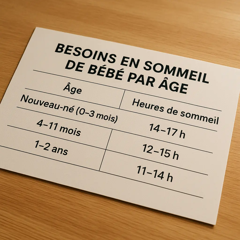 Tableau imprimé des besoins en sommeil de bébé par âge, posé sur une table en bois.