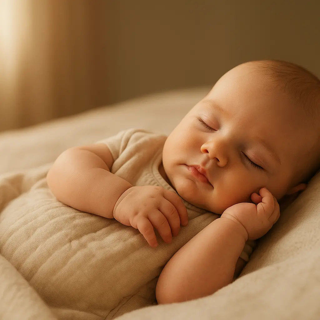 Bébé endormi paisiblement dans son lit, emmitouflé dans une gigoteuse confortable.