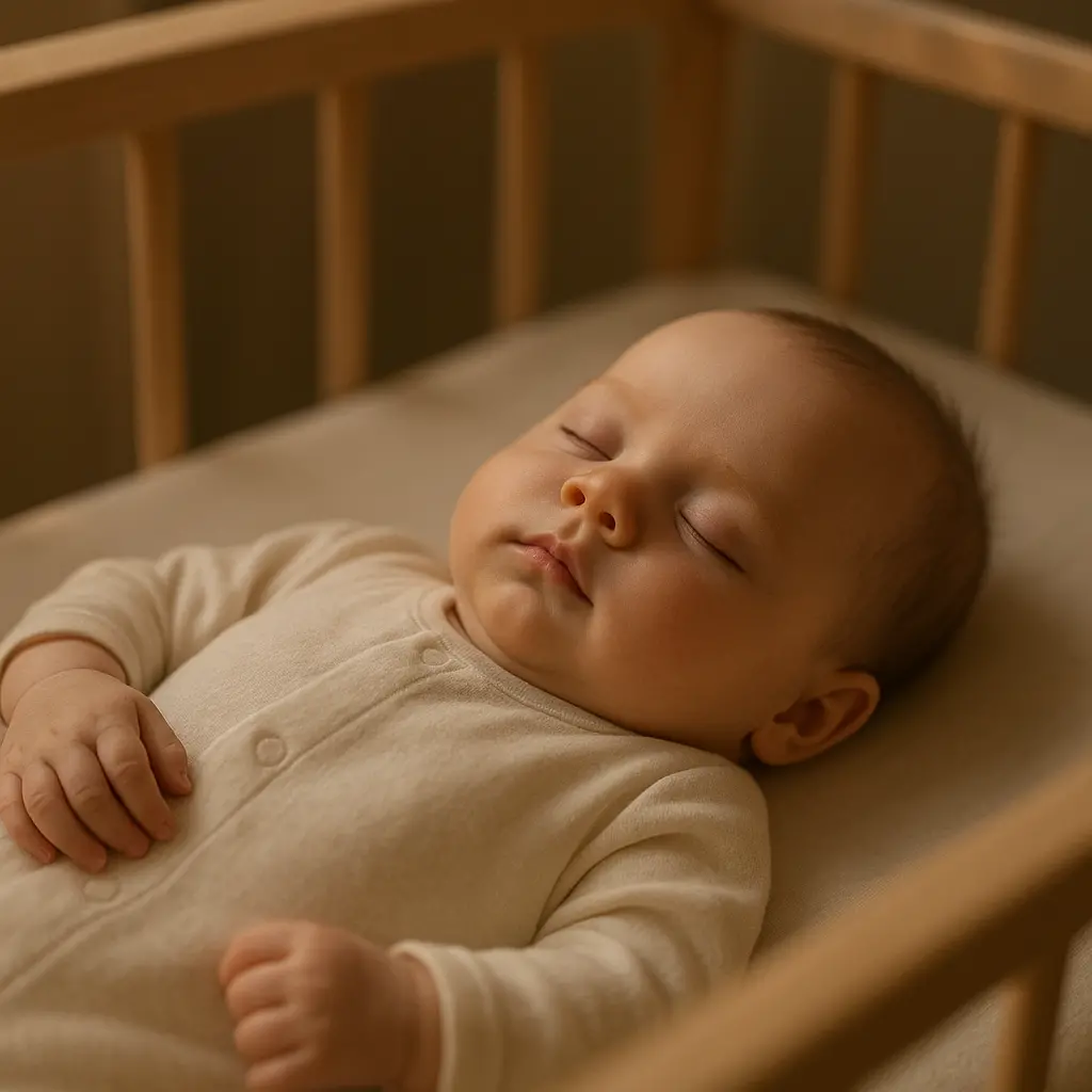 Bébé endormi paisiblement sur le dos dans un berceau en bois clair, sans aucun objet autour.