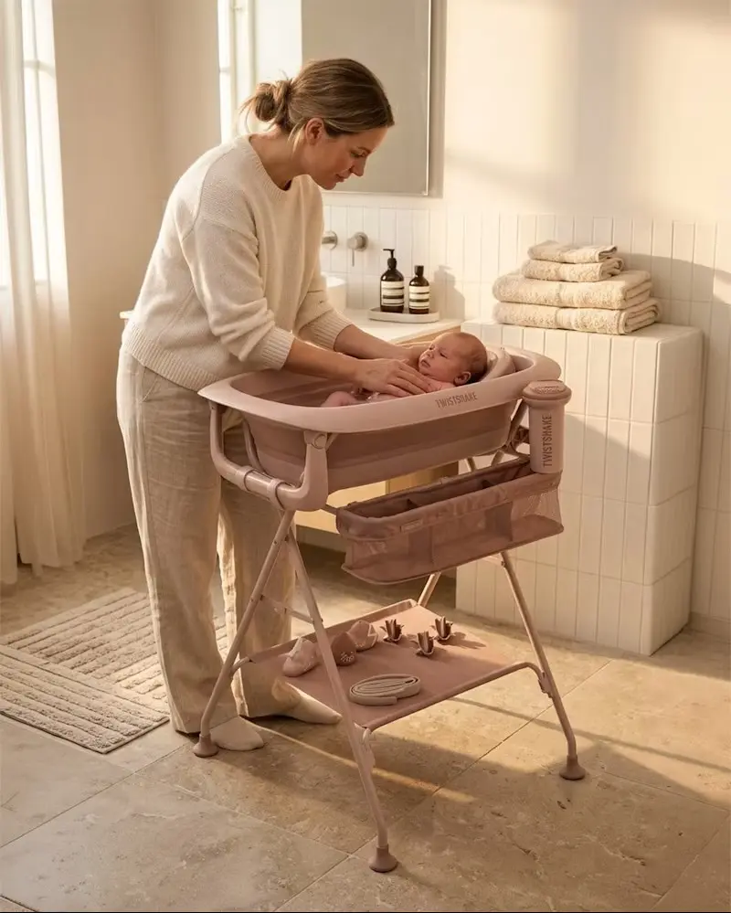 Twistshake 79262 79725 Pack De Luxe Baignoire Rose Pliable Pour Bébé Avec Support+coussin+rince cheveux+jouets De Bain 0m+ Support de Baignoire Twistshake PINK 0M+, 79725, www.millelunes.com