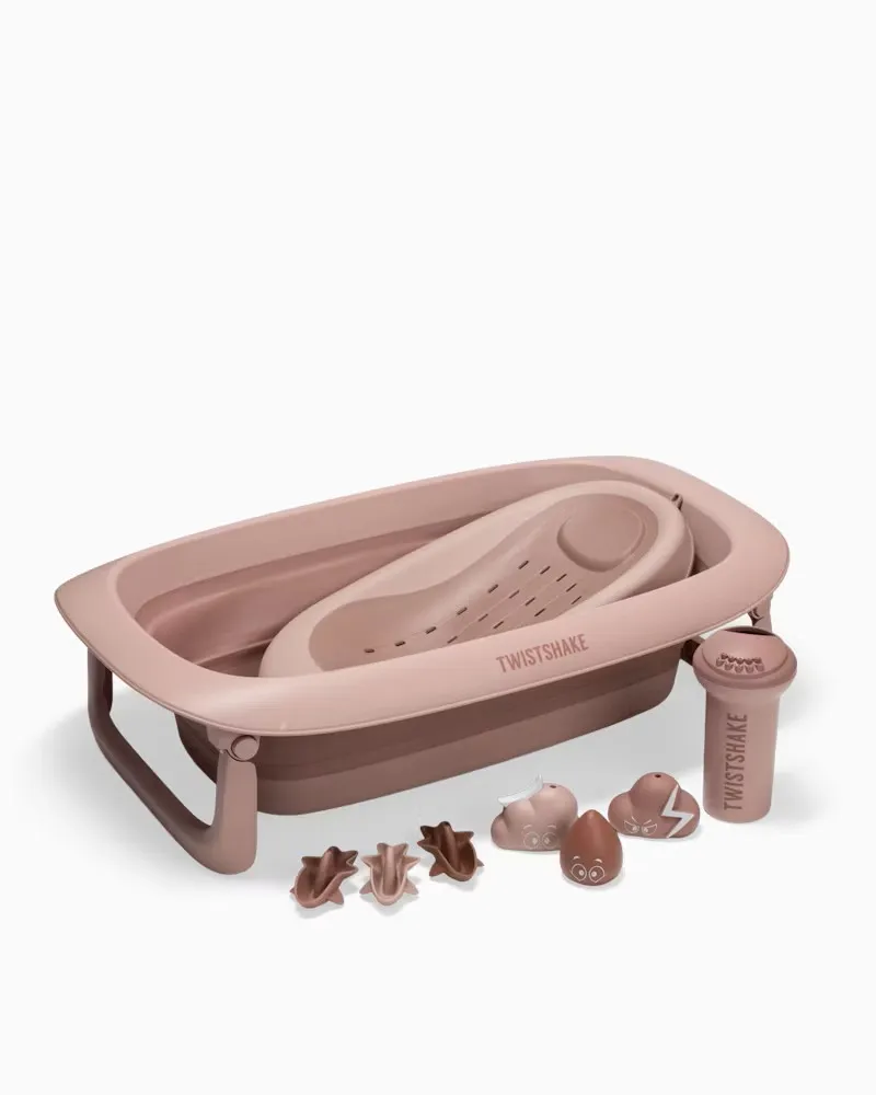 Twistshake 79262 1 Kit Deluxe Baignoire Rose Pliable Pour Bébé Avec Coussin+rince cheveux+jouets De Bain 0m+
